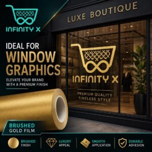 InfinityX Brushed Gold Film roll outside a boutique with brushed gold storefront window graphics