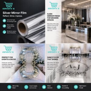 InfinityX Silver Mirror Film roll shown with mirror finish wall, event decor and dance floor applications