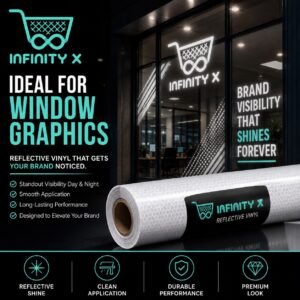 InfinityX white reflective vinyl roll at a storefront with reflective window graphics at night
